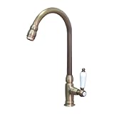 洗面水栓 蛇口 水栓金具 単水栓 シングルレバーハンドル 陶器（スパウト可動式） ブロンズ（古銅） [奥行21.5×吐水口高25cm] INK-0302082HT