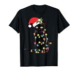 クリスマスライトに絡まった黒猫サンタ Tシャツ