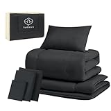 fuwawa 布団セット シングル 7点セット SEK認証 防臭 中綿1.6kg 掛け布団 高密度固綿入り三層 敷布団 枕 洗える 布団カバー3点 収納ケース付 ブラック