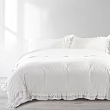 MILDLY 布団カバーセット セミダブル 4点セット 姫系 フリル 掛布団カバー ボックスシーツ 枕カバー（2枚入） 肌ざわりが良い 通気吸湿 リネンの質感 ベッドカバー（フリル・ホワイト・セミダブル）