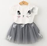 熊ネクタイ女児服装夏ファッションデザインセット新キャラクター子猫プリントTシャツ+网纱ワンピース2Pcs女児スーツ