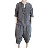 [foveitaa] 夏服 メンズ 部屋着 和風 服 Tシャツ 七分袖 麻 シャツ 半袖 上下セット トップス ハーフパンツ ショート パンツ 上下 Vネック 和式パーカー セット アップ 無地 柄 Gray 2XL