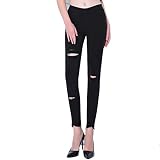 [ゲッツ] レディース ジーンズ デニム パンツ ダメージ加工 タイト ロングパンツ 9分丈 ストレッチ 美脚 着痩せ スリム スキニー 無地 秋 おしゃれ きれいめ 大人 (ブラック,Xl)