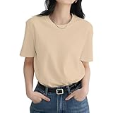 [Mmlnrc] Tシャツ レディース 半袖 [8.11オンス 綿100％ 厚手 透けない よれない]クルーネック 夏服 カットソー トップス 重ね着 丸襟 スポーツウェア カジュアル ゆったり 体型カバー 着痩せ おしゃれ 無地 快適 白tシャツ 黒tシャツ 春 夏 秋 (JP, アルファベット, L, 標準, カーキ)