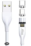 マグネット充電ケーブル 白 3A 1m × 1本 7ピン 安定 急速充電 + データ転送 USBケーブル (Type-A) 360度+180度=540度回転 MicroUSBマグネット端子 ×1 / Type-Cマグネット端子 ×1 着脱式 防塵 磁気充電