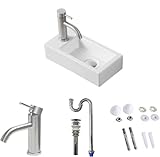 JOMOWN 手洗い器 壁掛け 手洗いボウル ミニ型 375*185*95mm 床排水 手洗器 コンパクト 小型洗面ボウル 壁付け型 洗面台 陶器 手洗い台（左側）