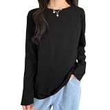 [Trnvco] 長袖tシャツ レディース【8.11オンス 綿100%】丸首 トップス オーバーサイズ 着痩せ カットソー 無地 クルーネック インナーシャツ 重ね着 ロングt ゆったり 部屋着 体型カバー 白 黒 グレー(M,黒)