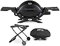 Weber Q 1200 ガスリル - LPガス(ブラック) ポータブルカートとグリルカバーバンドル(3アイテム)