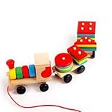ＣＴＶshop （シーティーブイショップ）オリジナル袋付き 木のおもちゃ 機関車 列車 積み木 セット パズル 形合わせ 引っぱり 幼児 知育玩具 (パズル)