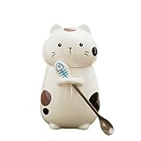 桜の雪 かわいい 猫ちゃん キャラカップ 蓋 杓子付き コーヒー杯 お茶のカップ マグコップ 飾り物 プレゼント (ブラック)