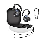 For Anker Soundcore Sport X20 用 ケース カバー 【KONXISA】ワイヤレスイヤホン ケース シリコン素材 着用しやすい 耐衝撃 防水防塵 ウォッシャブル（カラビナ付き+ストラップ付き ） 装着充電可能 持ち運びがしやすい（ホワイト）