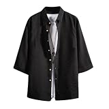 [foveitaa] メンズ 七分袖 シャツ 夏服 メンズ 綿麻シャツ 無地 大きいサイズ 和風 涼しい カジュアル 通気性 快適 シンプル オシャレ かっこいい 日常使い black-4XL