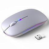 KANMABPC Wireless Bluetooth Mouse, Rechargeable LED Dual Mode Mouse (Bluetooth 5.2 and USB Receiver) Portable Silent Mouse,for Laptop/Desktop/Tablet(Silver)