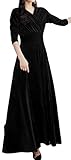 [ジュージェン] 長袖 ワンピース マキシ丈 Vネック ハイウエスト フレアワンピース Aライン 着痩せ フォーマル ワンピース 演出 ダンス 大きいサイズ(4黒)