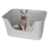 猫トイレ 大型トイレ （サイズ：64cm×46cm×33cm）ネコのトイレ シンプルタイプ オープンタイプ 猫 システムトイレ 成猫用 多猫 猫用トイレ本体 ハーフカバー ペットケア用 簡易トイレ 簡単掃除 清潔 飛散防止 一体成形 (ライトグレー, 32cmx26cmx33cm)