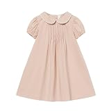 [LSMUDKINGDOM] ワンピース キッズ 女の子 半袖 白襟 ギャザー aライン パフスリーブ ドレス 子供 夏 ピンク 140