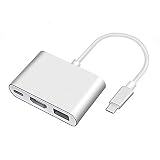 Pau Tion Type-C to HDMI 変換アダプター Type C to HDMI4K/USB3.0/Type-C 変換アダプター 3in1Type-C to HDMI 変換アダプター 3ポート搭載 MacBook/Chromebook Pixel 2015/ Display monitor などを対応 (Type-C to HDMI 変換アダプター, シルバー)