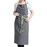 [MLeisure] エプロン リネン カフェ風 シンプル おしりが隠れる ポケット付き ナチュラル (08:灰結（新緑結）)