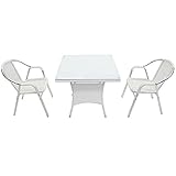 人工ラタンチェア2脚 四角テーブル1台 3点セット 強化ガラス ホワイト 籐 肘掛けカバー付 家具 ファニチャー インテリア スタッキングチェア リビング chair 椅子 南国 アジアン バリ風 リ