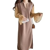 [MlleeSSeeldyTRC] ワンピース レディース ロングワンピース 長袖 切り替え Vネック 配色 シフォンスリーブ ドッキングワンピース 体型カバー マキシワンピ スリット 上品 透け感 おしゃれ 着痩せ オフィス 普段着 春 秋 冬