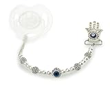 White Beaded Luxury Chamsa, Hamsa, Eye Pacifier Clip (CHA) by Crystal Dream