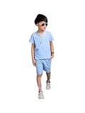 X&ZのSHOP キッズ 子供用 セットアップ 上下 ２点セット シャツ＋パンツ 亜麻+綿 普段着 カジュアル シンプル (110, ブルー)