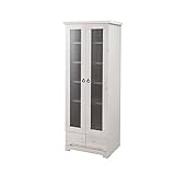 天然木パイン材のカントリー調ガラス扉キャビネット　(幅60cm・ハイタイプ)ホワイトウォッシュ色