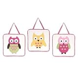 Three PieceピンクグリーンイエローホワイトBaby Owl Plush壁アートセット、保育園WoodlandテーマHanging Decor、幼児Forest Animal Nature W