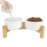 ペット ボウル 犬 えさ入れ 犬 ご飯皿 犬 餌入れ 水飲み 食器 陶器製 頸椎を保護 組み立て簡単 竹製スタンド付き 洗いやすい 電子レンジ 食器洗浄機対応 犬猫兼用食器 (ナチュラルB)