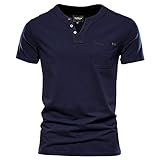 [HANMUY] メンズ Tシャツ 半袖 ヘンリーネック フェイクボタン フィットネス スウェット 無地 おしゃれ カットソー ゆったり ストレッチ綿素材 サマー トップス ポッケト付 VネックネイビーL
