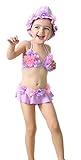 HIMOE 水着 ベビー 女の子 ビキニ風 花付き キッズミズギ スイミング スクール水着 スイムウエア UVカット (LLサイズ(身長：95-110cm), パープル(スイムキャップ付き))