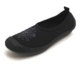 のびのび ストレッチシューズ 軽量 ぺたんこ スリッポンシューズ 花 日本製 ブラック×ブラック L(24.0-24.5cm)