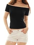 [Allegra K] オフショルダー トップス tシャツ カットソー 肩だし 着痩せ 半袖 無地 肩見せ レディース ブラック M