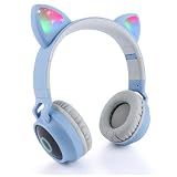 ネコ耳ヘッドフォン Bluetoothヘッドホン 猫耳ヘッドフォン ワイヤレス マイク内蔵 Bluetooth5.0 子供 折り畳み ヘッドフォン LED付き キラキラ 虹色変換 オーバーイヤー型ヘッドホン bluetooth tfカード対応 柔らかい 調節可能 子供用 大人用 密閉型 ステレオヘッドセット 通話可能 有線無線兼用 クリスマス 誕生日 入学式 新年プレゼント (ブルー＆グレー)