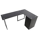 パソコンデスク L字型 ガラス天板 チェスト付き ブラック