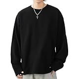 [OMKUY] 長袖tシャツ メンズ 綿100% ロングtシャツ クルーネック 無地 ロングスリーブ Tシャツ 長袖 ロンt 秋服 トップス インナーシャツ 丸首 カットソー ゆったり ティーシャツ プルオーバー カジュアル 大きいサイズ かっこいい 重ね着 部屋着 伸縮性 白 黒 グレー (JP, アルファベット, 2XL, 標準, 袖口フリー仕様-黒)