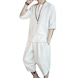 [foveitaa] 夏服 メンズ 部屋着 和風 服 Tシャツ 七分袖 麻 シャツ 半袖 上下セット トップス ハーフパンツ ショート パンツ 上下 Vネック 和式パーカー セット アップ 無地 柄 White M