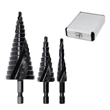 ROOOCYY ステップドリル タケノコドリル 六角軸 スパイラル ドリル 穴あけ チタンコーティング (4-32mm/4-20mm/4/12mm) 3本セット (アルミ箱付き)