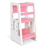 Giantex 踏み台 子供用 3段高さ調節可能 耐荷重40kg スツールとしても活用 滑り止め 手すり付き 幅47x奥行47x高さ90cm 脚立 ステップチェア 階段チェア ２段 ステップ 折りたたみ 耐荷重40kg 丈夫 安定性 玄関 トイレ 台所育児 手洗い 洗面所 洗面台 補助 介護 幼児 知能開発 ステップスツール (ピンク)