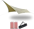 FIELDOOR ウイングタープ 380cm×380cm 【T/C 難燃性ポリコットン カーキ】 ＆アルミポール 直径24mmx2本【レッド】&ポール用収納バッグ 火の粉に強い 撥水 防カビ加工 焚き火 ソロキャンプ 日よけ テント連結 タ��ープ泊 アウトドア