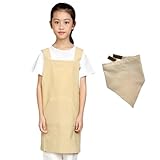 [Confis] エプロン+三角巾セット エプロン キッズ 子供 親子で揃い マジックテープ三角巾 綿 男女兼用 シンプルデザイン 子供用 子供Mサイズ1点セット アイボリー