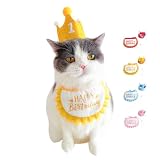 犬 誕生日 帽子 スタイ 被り物 誕生日グッズ 3点セット数字付き 猫 バースデーグッズ ハットペット用 誕生日セット (イエロー)