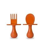 grabease First Self Feeding Utensil Set of Spoon and Fork for Toddlers (orange). BPA free. To-go pou