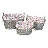 Set of 3ガーデンローズ裏地Antique Wash Ovalウィッカーストレージバスケット