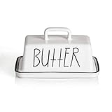 SWEEJAR セラミックバターディッシュ ハンドル蓋付き 7.5インチ 磁器大型バターキーパー カバー付き 東/西のバターに最適 (ホワイト)