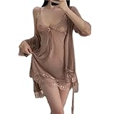 [PHCOMRICH] ベビードール セクシーランジェリー 花柄レース 透け 可愛い ガウン付き キャミソール ネグリジェ ハーフスリップ セクシー 下着 セット (カメオブラウン, L)