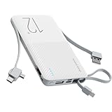 モバイルバッテリー 12000mAh大容量・3本ケーブル内蔵 携帯充電器 軽量 薄型 急速充電 3台同時に充電 PSE技術認証済 安全回路保護 Micro-B/Type-C/アイフォン用/USB-A 4種類ケーブル内蔵 スマホ充電器 薄型&軽量 機内持ち込み可能 旅行/出張/アウトドア/キャンプ ホワイト