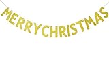 Brcohco MERRY CHRISTMAS Gold Glitter Letter Bunting Hanging Banners Xmas Party Holiday Decoration [並