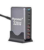 320W GaN充電器 8ポート【 GaNFastⅢ 4USB-C＆4 USB-A 1.5m電源ケーブル】 単ポート100W *2 8台同時急速充電 複数ノートPCに急速充電対応 MacBook Pro PD対応 iPad/iPhone/Android/その他 (ブラック-320W)