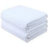 POLYTE マイクロファイバー オーバーサイズ クイックドライ リントフリーバスタオル 2枚セット（ワッフル織り） 152 x 76cm（60 x 30インチ） ホワイト